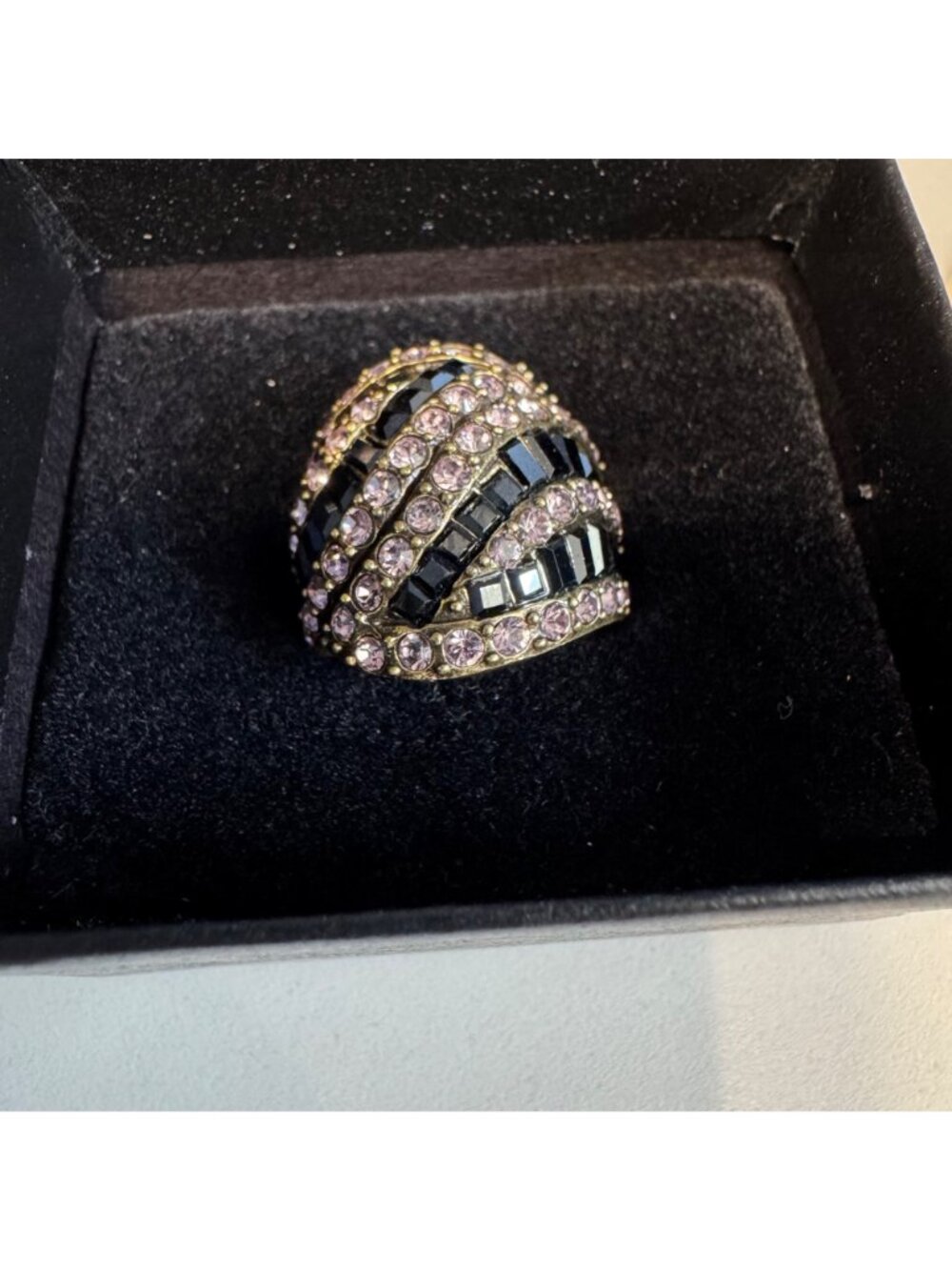 Heidi Daus Crystal Pave Art Deco Black & Pink Striped Stone Ring In Box - Picture 6 of 12